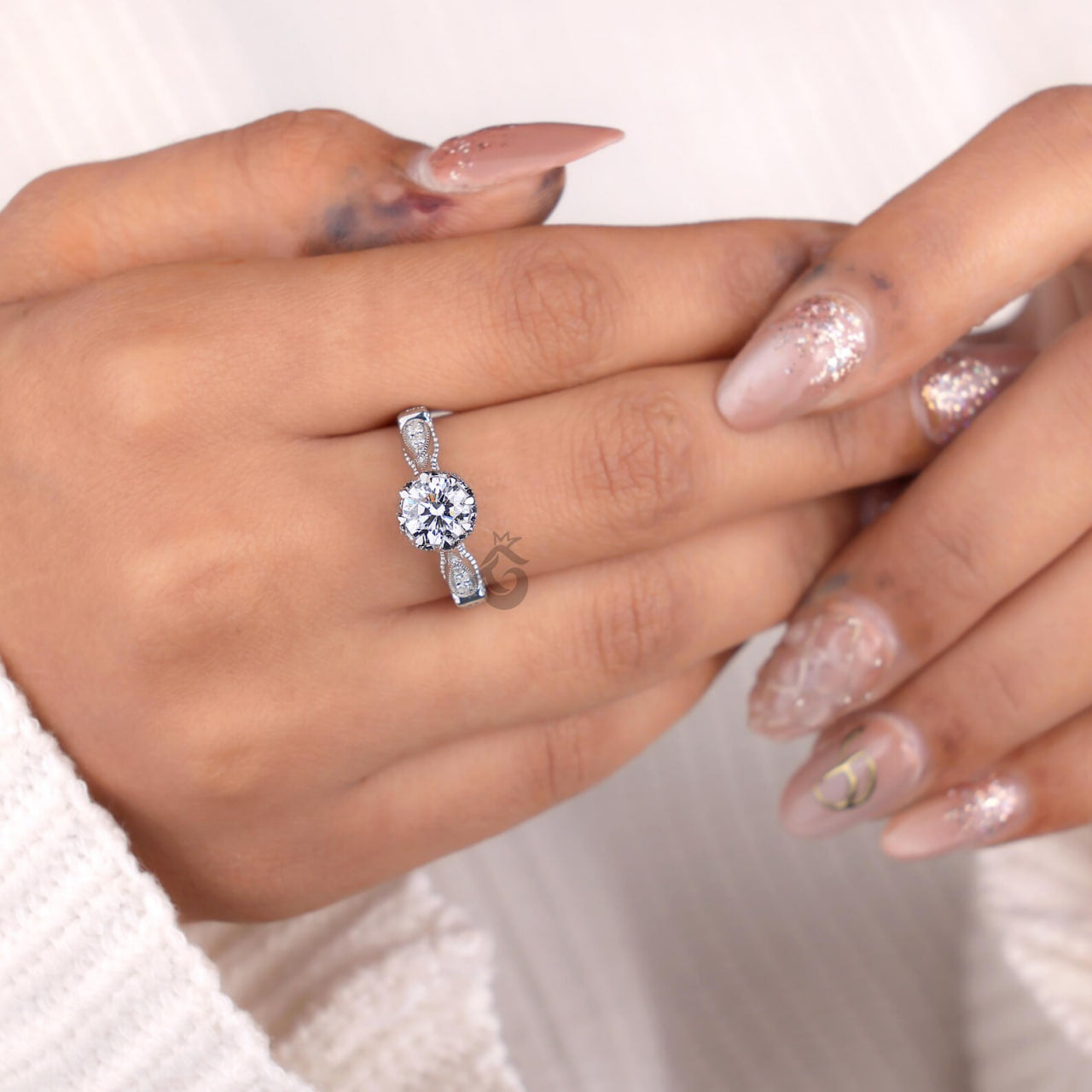 Vintage Round Lab Diamond Engagement Ring, IGI Certified Milgrain Wedding Ring