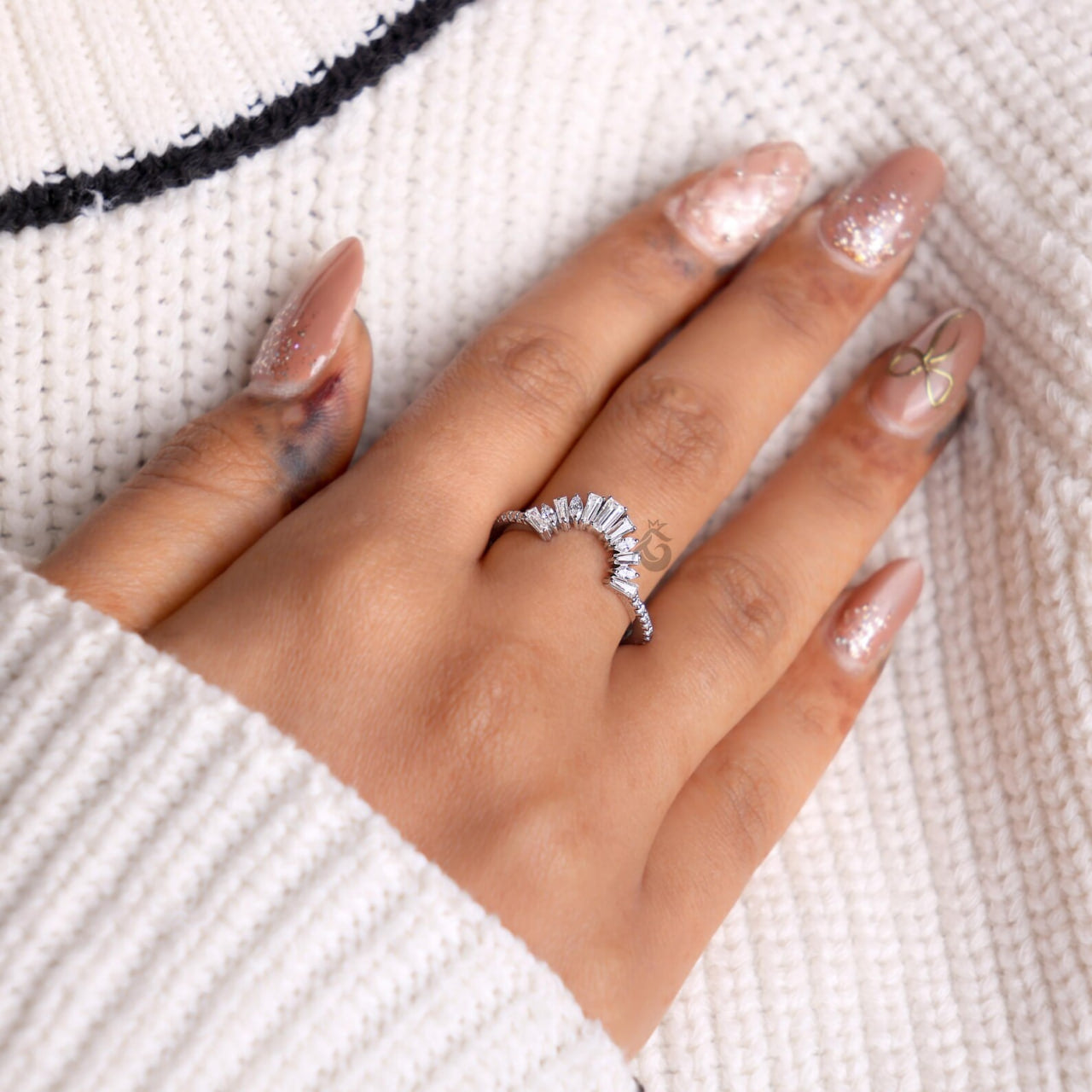 Vintage Curved Baguette Moissanite Wedding Band, Half Eternity Matching Ring
