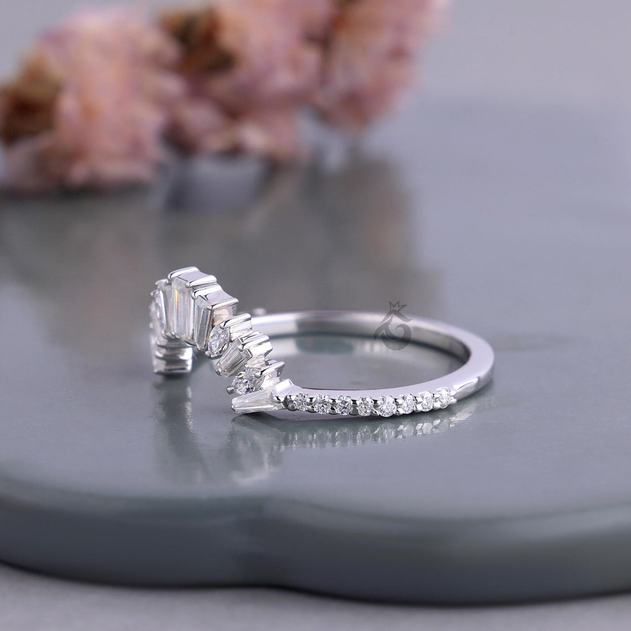 Vintage Curved Baguette Moissanite Wedding Band, Half Eternity Matching Ring