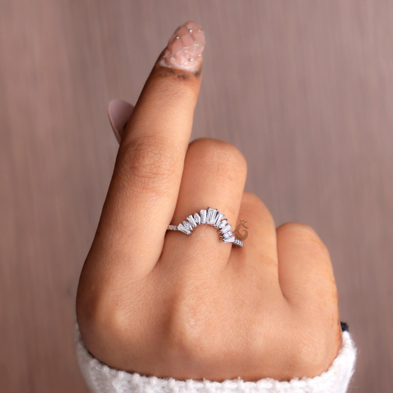 Vintage Curved Baguette Moissanite Wedding Band, Half Eternity Matching Ring