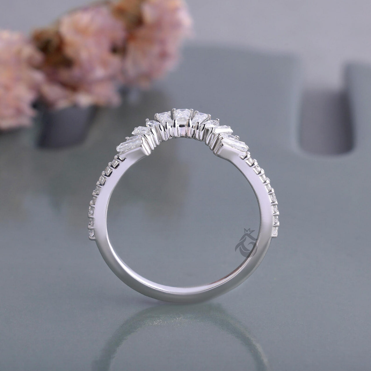 Vintage Curved Baguette Moissanite Wedding Band, Half Eternity Matching Ring