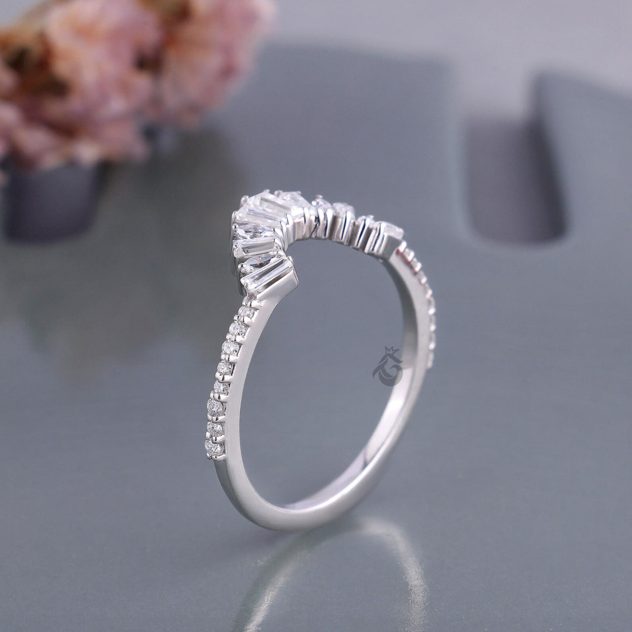 Vintage Curved Baguette Moissanite Wedding Band, Half Eternity Matching Ring