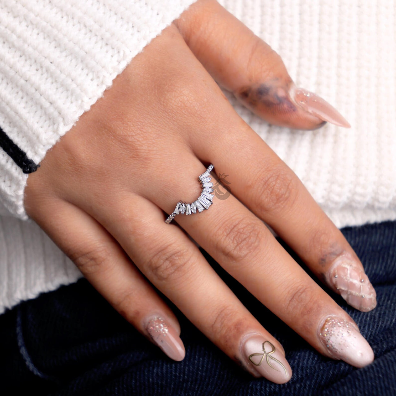 Vintage Curved Baguette Moissanite Wedding Band, Half Eternity Matching Ring