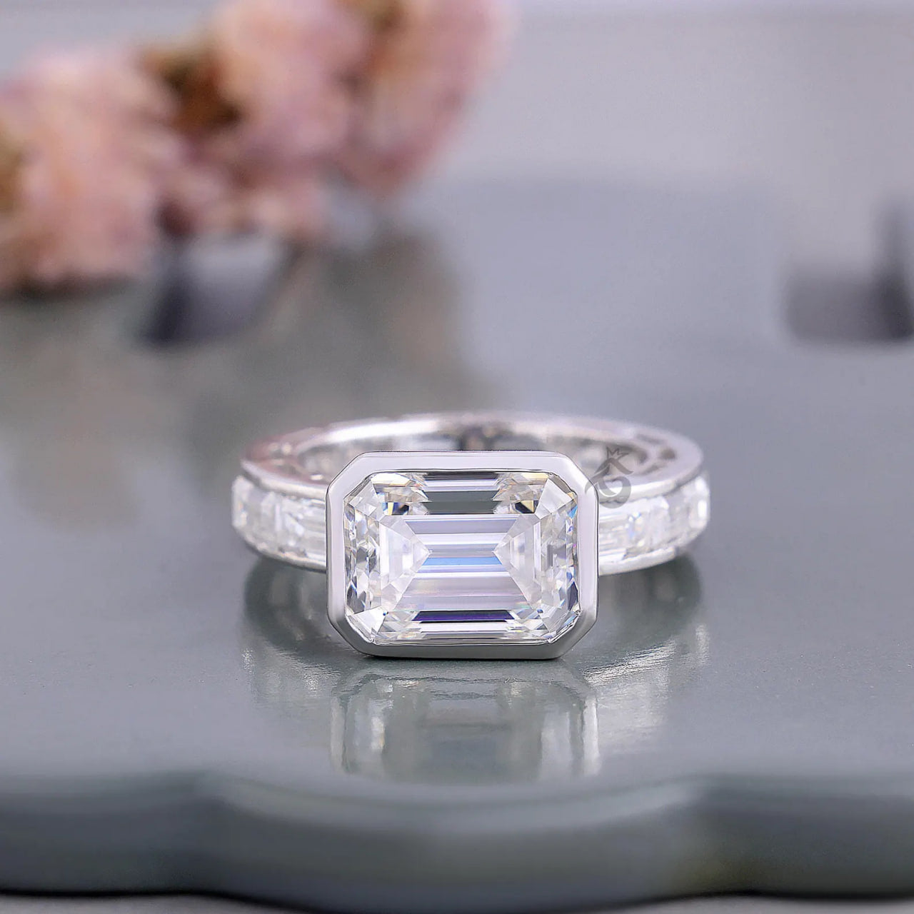 East West Emerald Cut Moissanite Engagement Ring with Channel Band