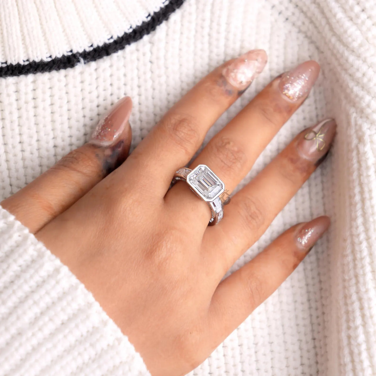 East West Emerald Cut Moissanite Engagement Ring with Channel Band