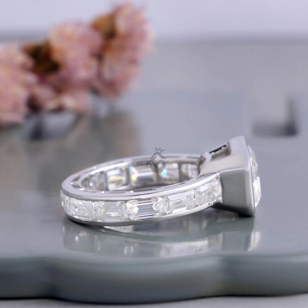East West Emerald Cut Moissanite Engagement Ring with Channel Band