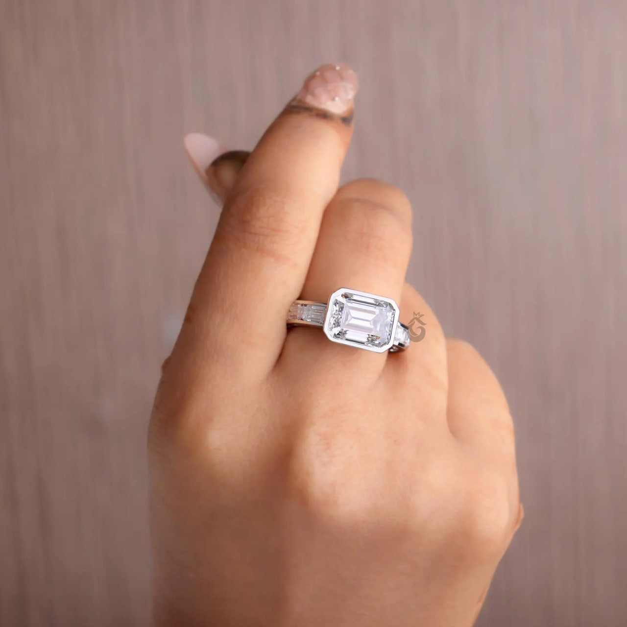 East West Emerald Cut Moissanite Engagement Ring with Channel Band