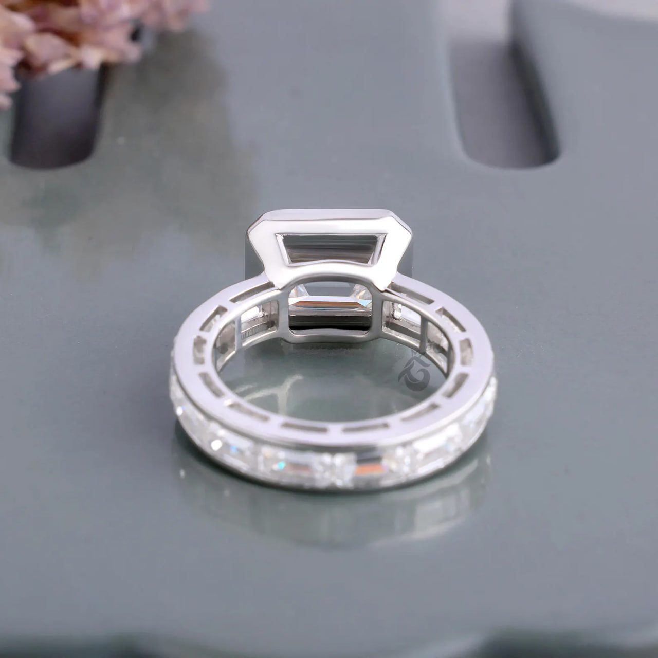 East West Emerald Cut Moissanite Engagement Ring with Channel Band