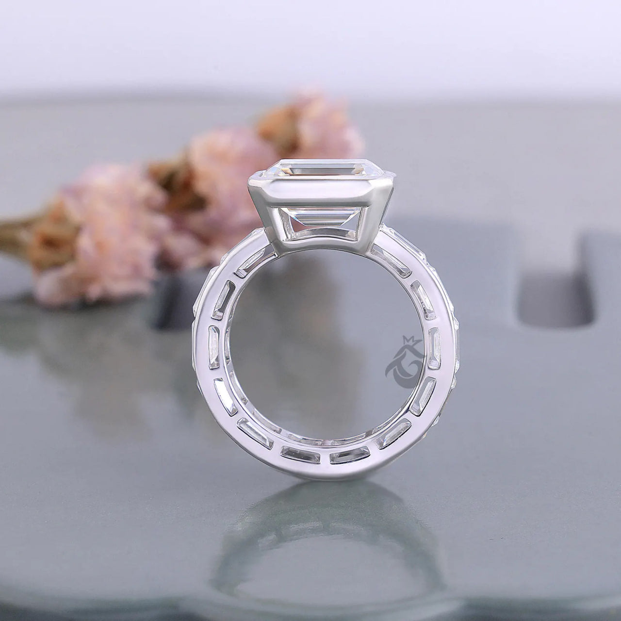 East West Emerald Cut Moissanite Engagement Ring with Channel Band