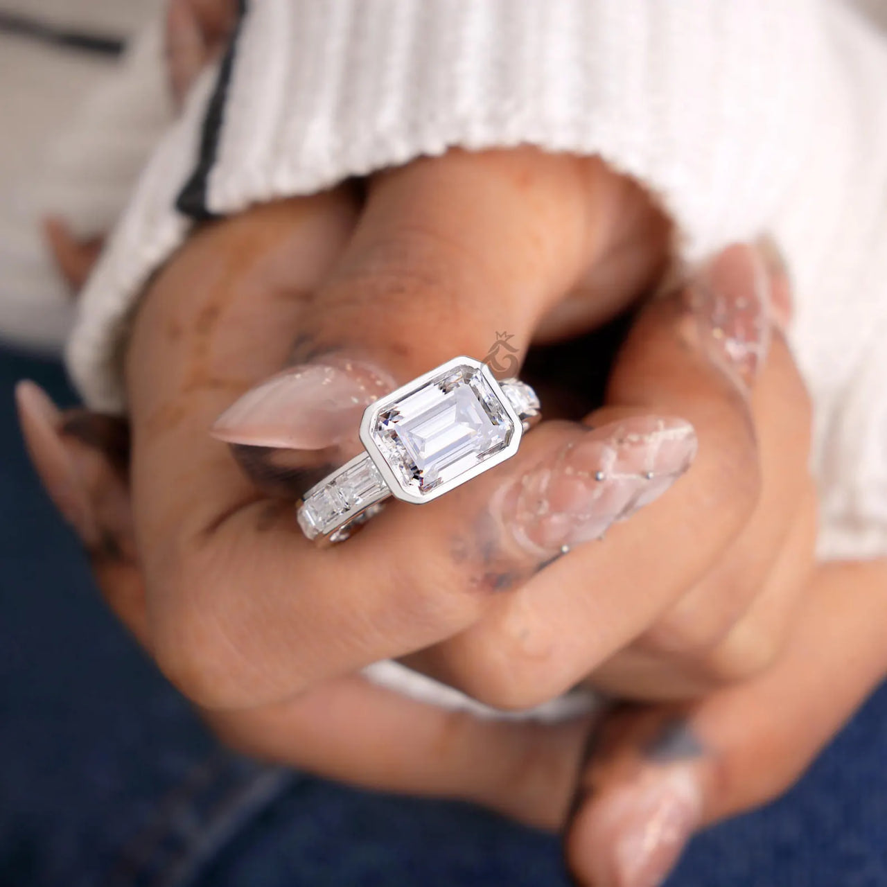 East West Emerald Cut Moissanite Engagement Ring with Channel Band