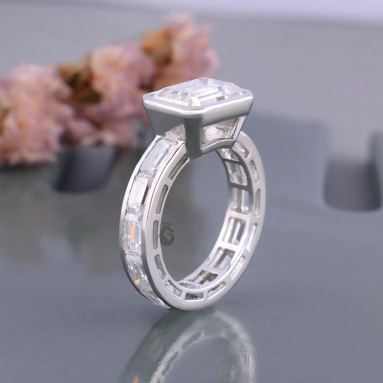 East West Emerald Cut Moissanite Engagement Ring with Channel Band