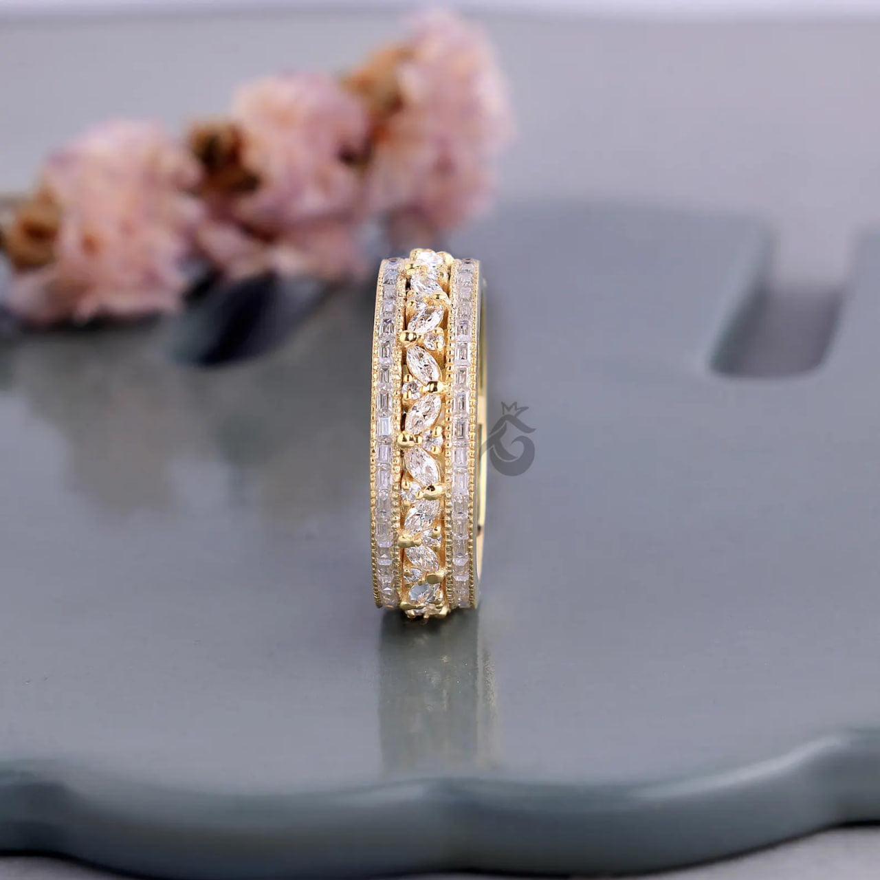 Vintage Three Row Moissanite Eternity Band, Baguette & Marquise Cut Ring