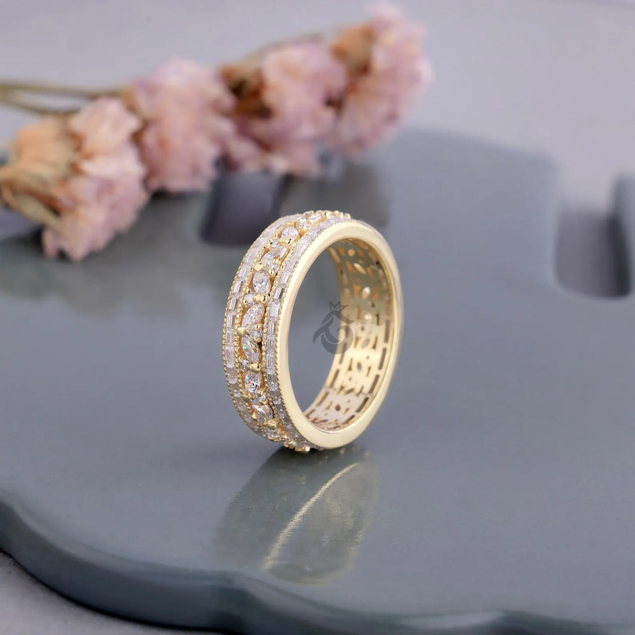 Vintage Three Row Moissanite Eternity Band, Baguette & Marquise Cut Ring