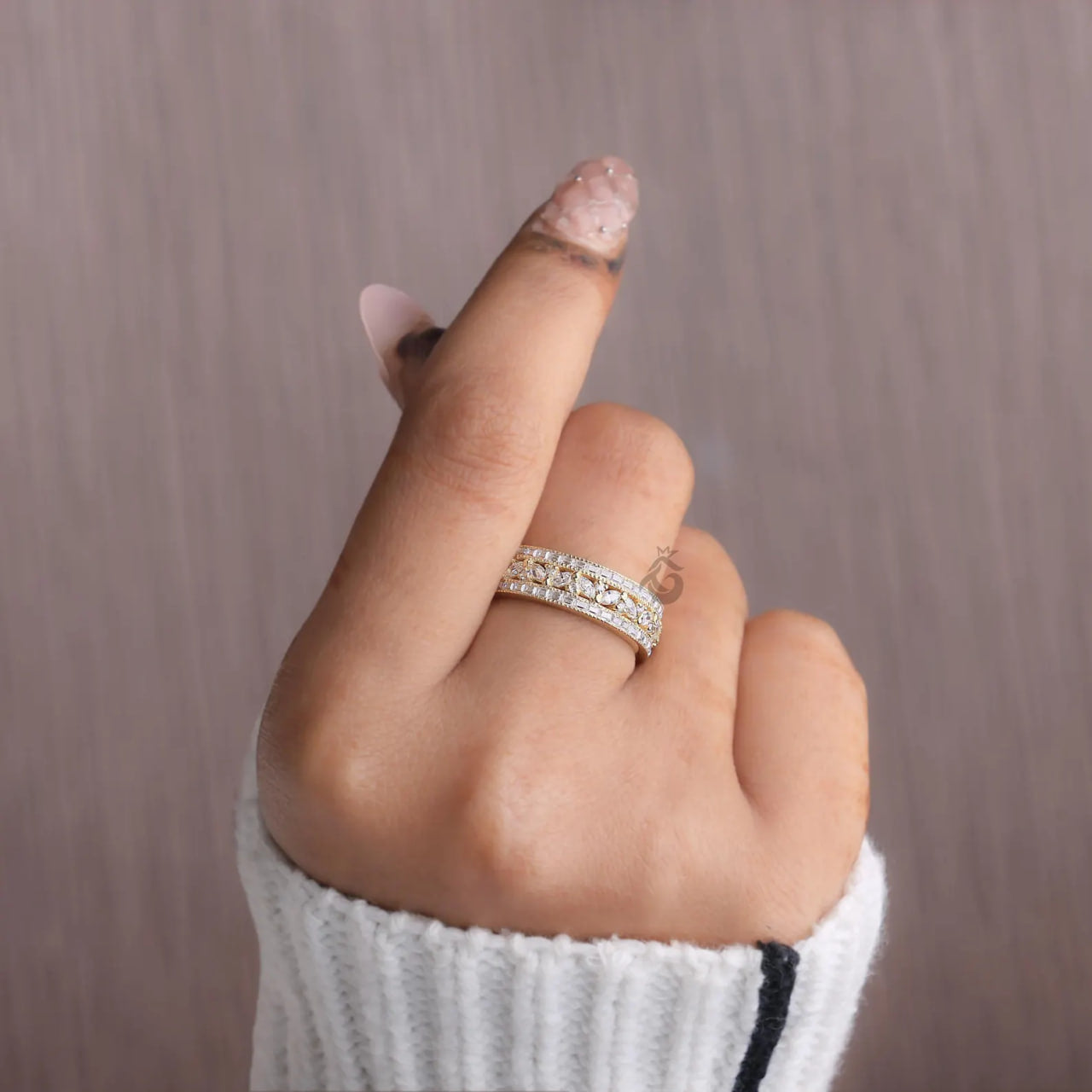 Vintage Three Row Moissanite Eternity Band, Baguette & Marquise Cut Ring