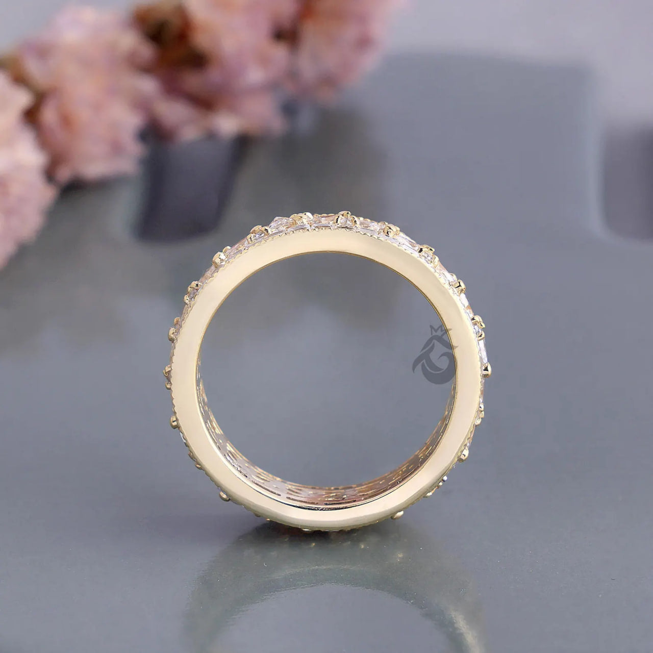 Vintage Three Row Moissanite Eternity Band, Baguette & Marquise Cut Ring