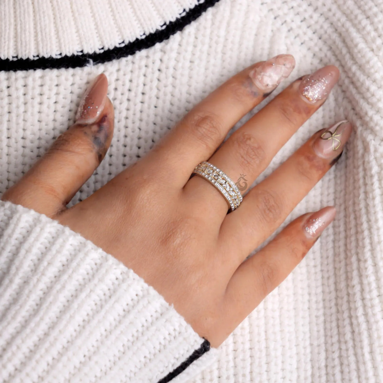 Vintage Three Row Moissanite Eternity Band, Baguette & Marquise Cut Ring