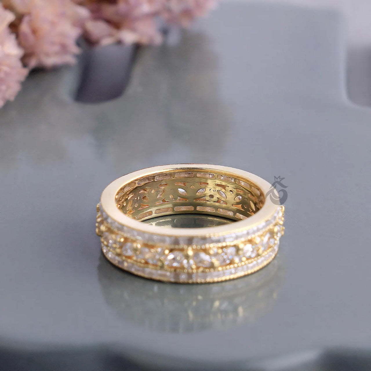 Vintage Three Row Moissanite Eternity Band, Baguette & Marquise Cut Ring