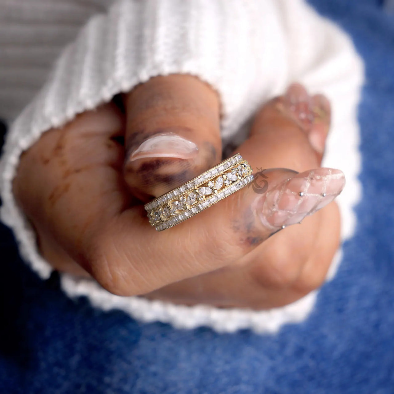 Vintage Three Row Moissanite Eternity Band, Baguette & Marquise Cut Ring