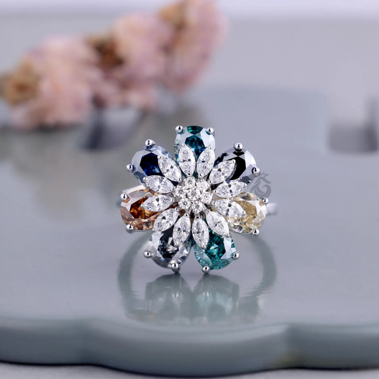 Pear Cut Moissanite Flower Ring, Multicolor Cluster Art Deco Engagement Ring
