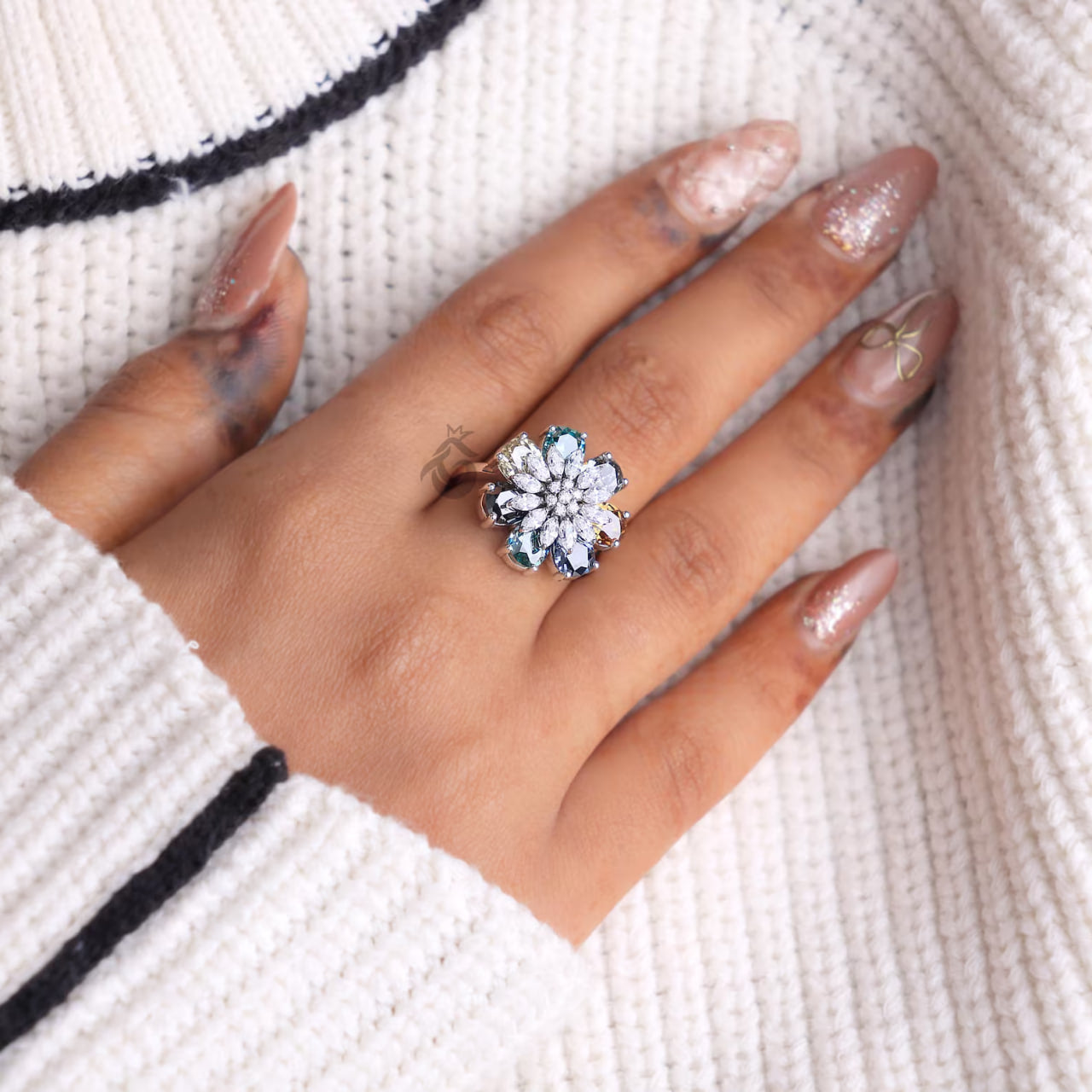 Pear Cut Moissanite Flower Ring, Multicolor Cluster Art Deco Engagement Ring