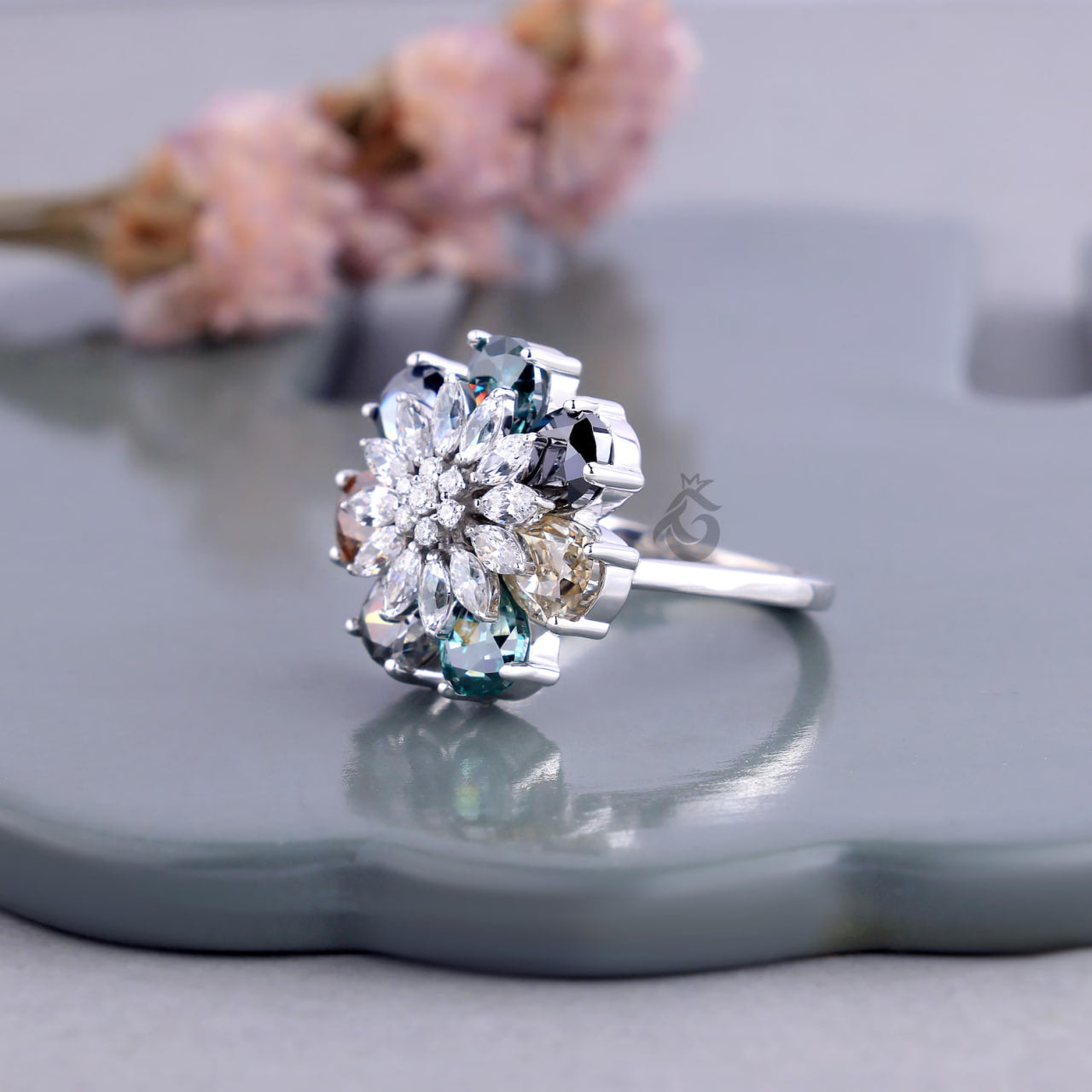 Pear Cut Moissanite Flower Ring, Multicolor Cluster Art Deco Engagement Ring