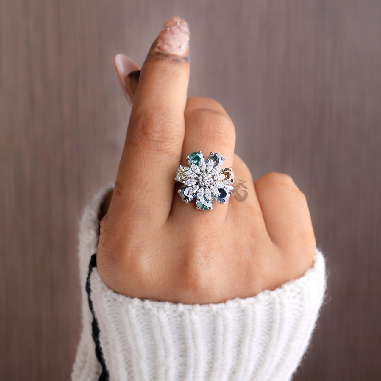 Pear Cut Moissanite Flower Ring, Multicolor Cluster Art Deco Engagement Ring