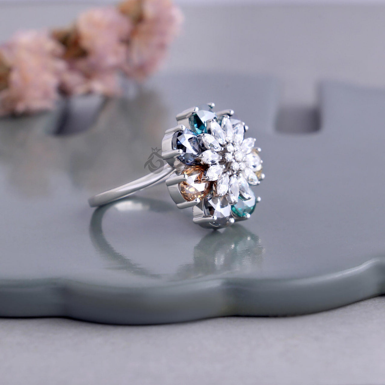 Pear Cut Moissanite Flower Ring, Multicolor Cluster Art Deco Engagement Ring