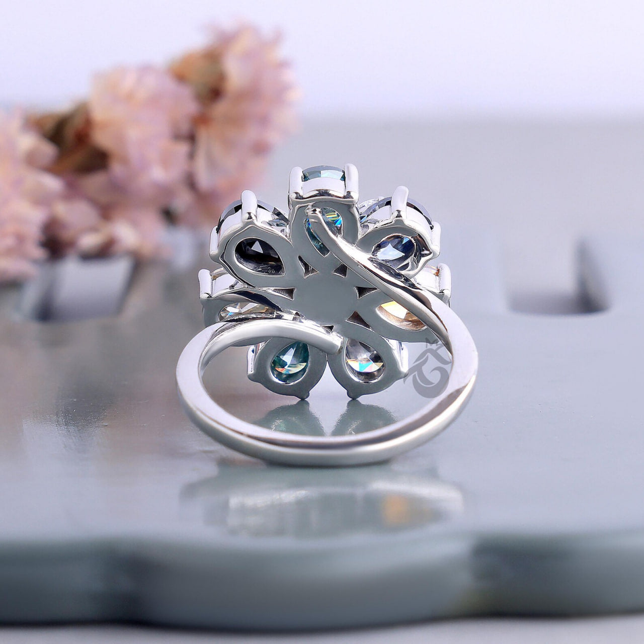 Pear Cut Moissanite Flower Ring, Multicolor Cluster Art Deco Engagement Ring