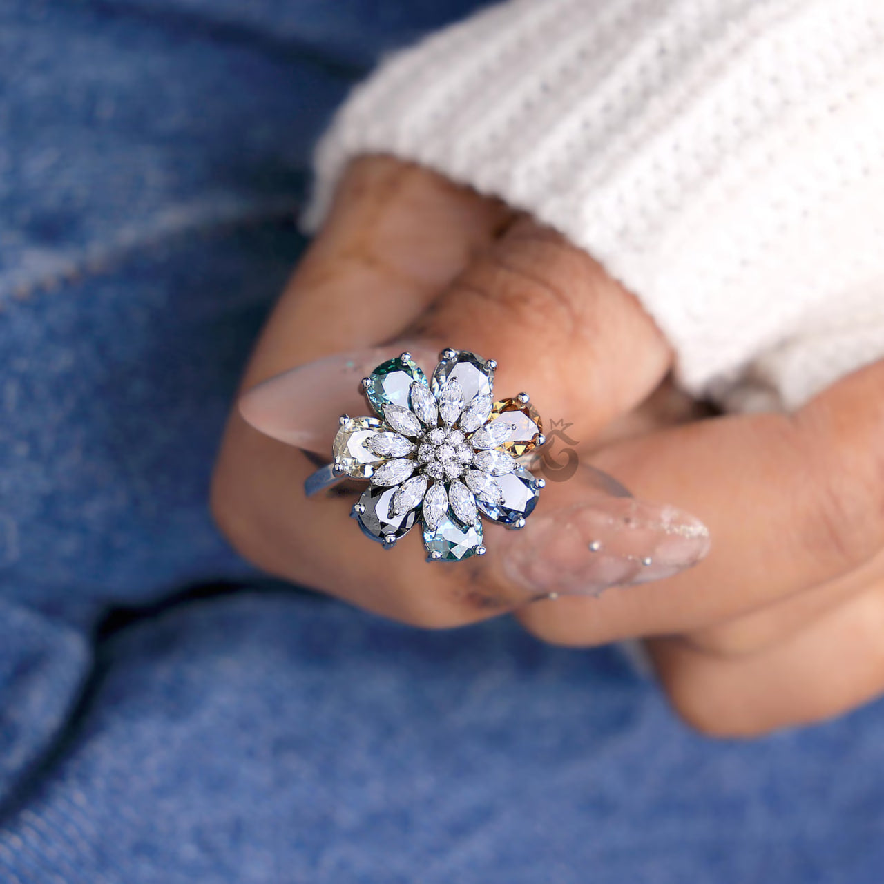 Pear Cut Moissanite Flower Ring, Multicolor Cluster Art Deco Engagement Ring
