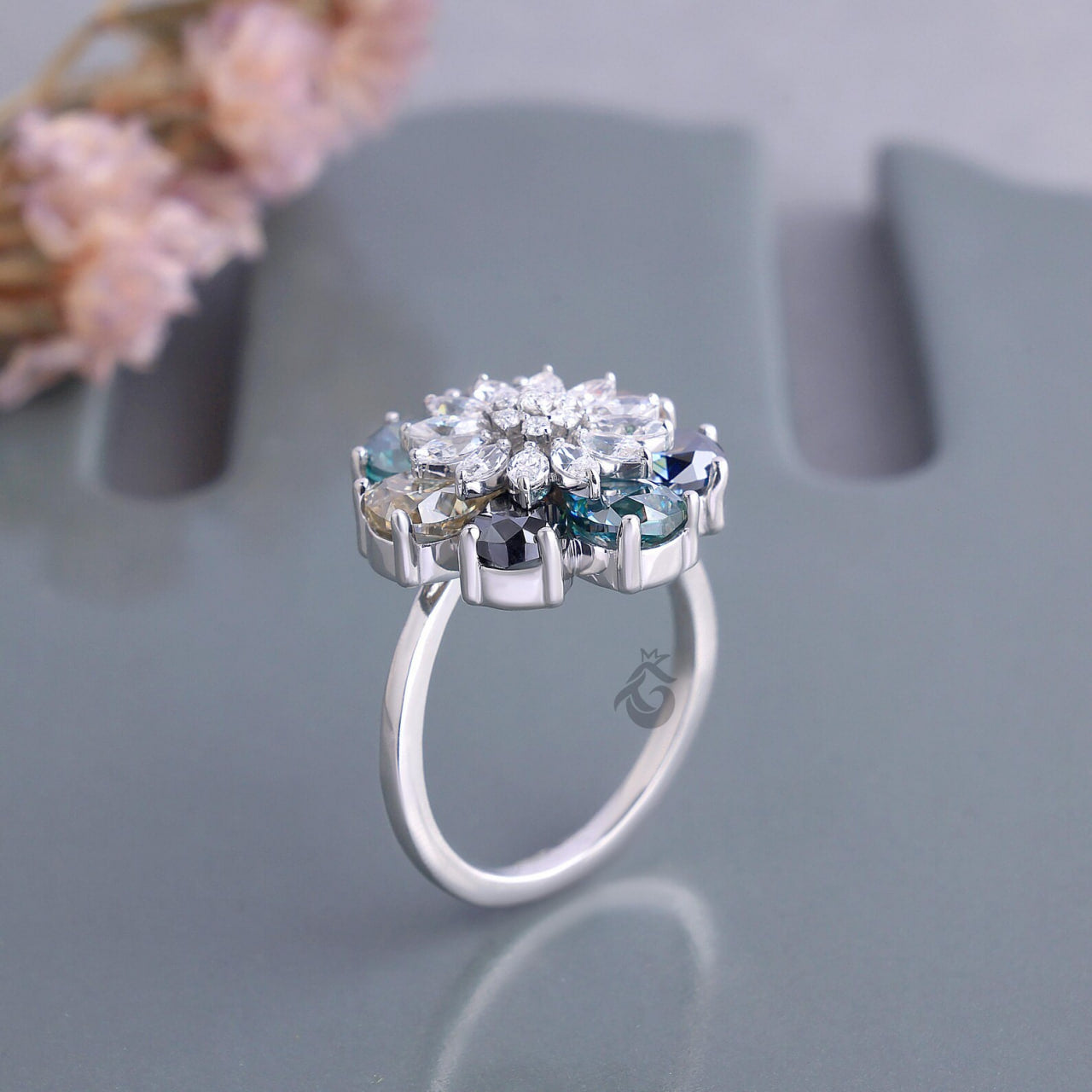 Pear Cut Moissanite Flower Ring, Multicolor Cluster Art Deco Engagement Ring