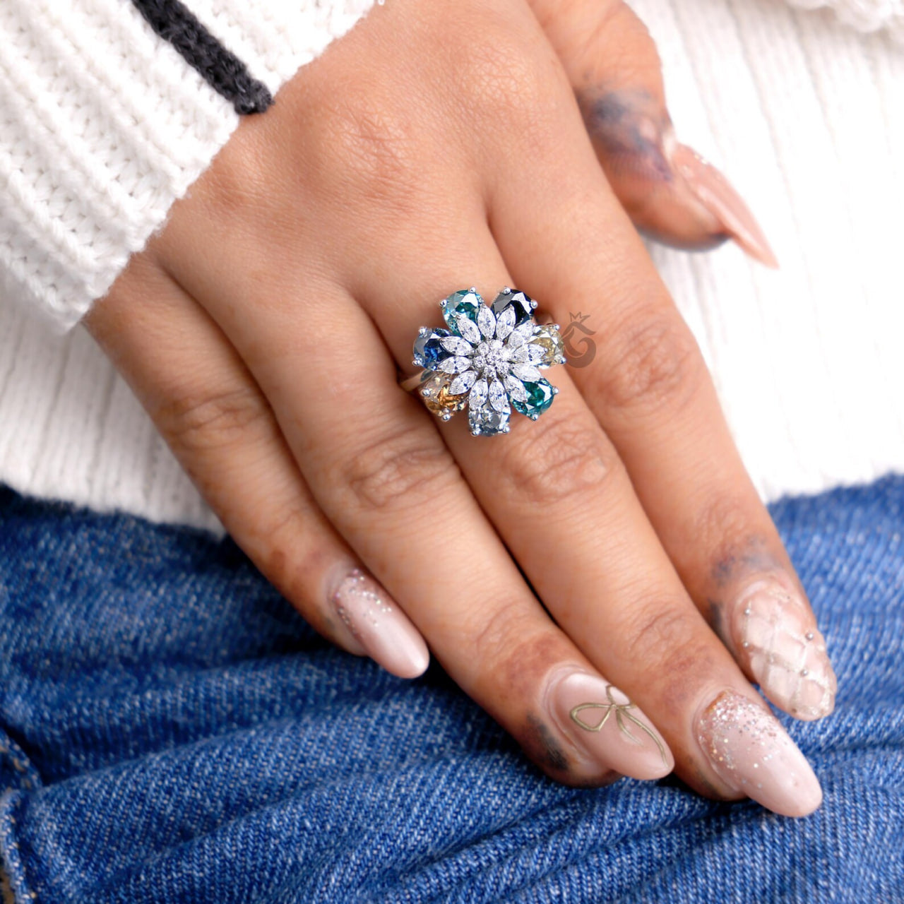 Pear Cut Moissanite Flower Ring, Multicolor Cluster Art Deco Engagement Ring