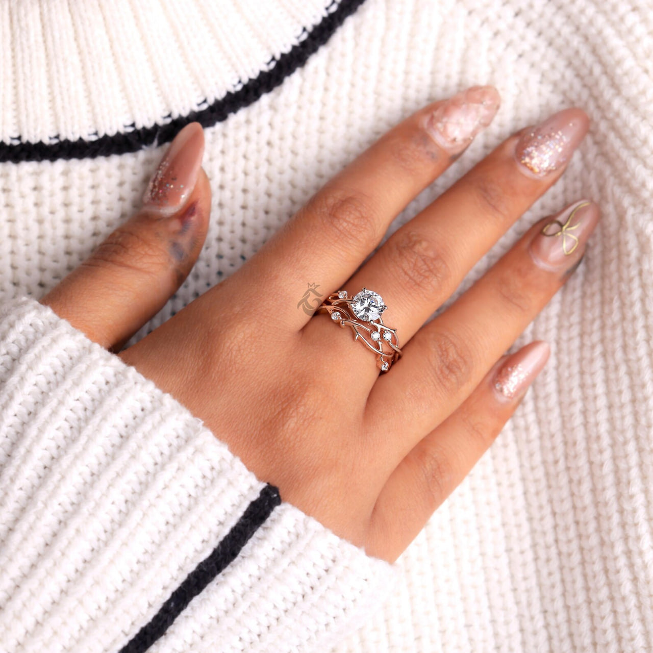 Round Diamond Vine Engagement Ring Set, Twisted Leaf Lab Diamond Bridal Ring