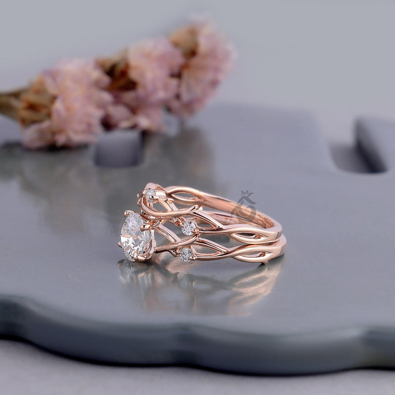 Round Diamond Vine Engagement Ring Set, Twisted Leaf Lab Diamond Bridal Ring