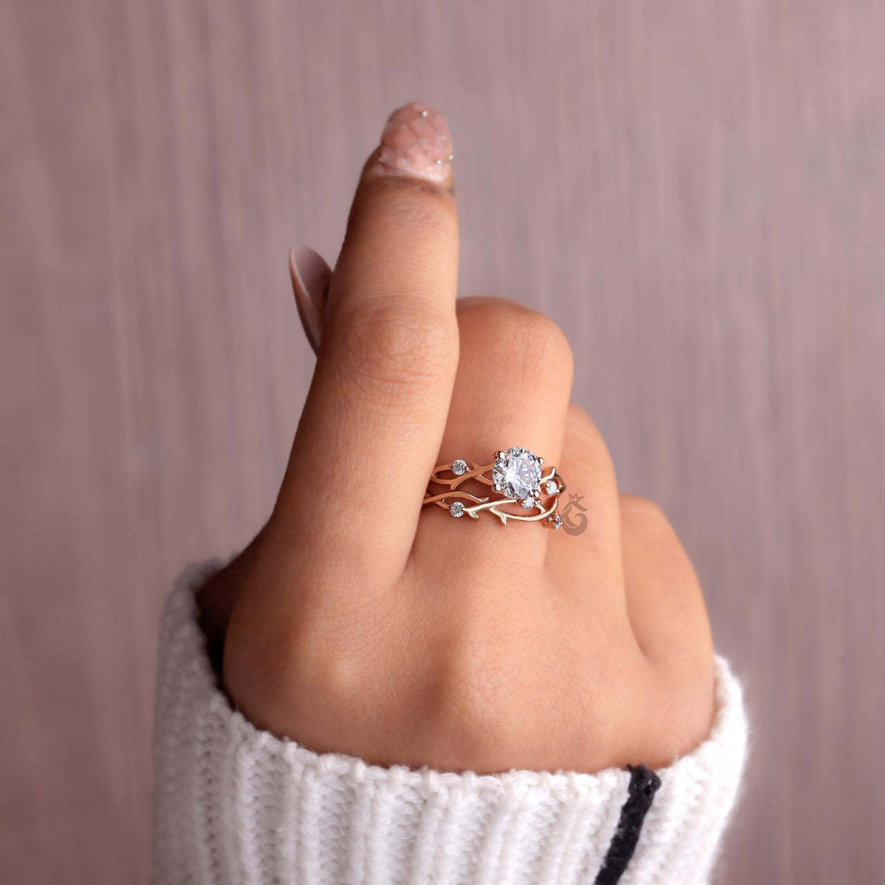 Round Diamond Vine Engagement Ring Set, Twisted Leaf Lab Diamond Bridal Ring
