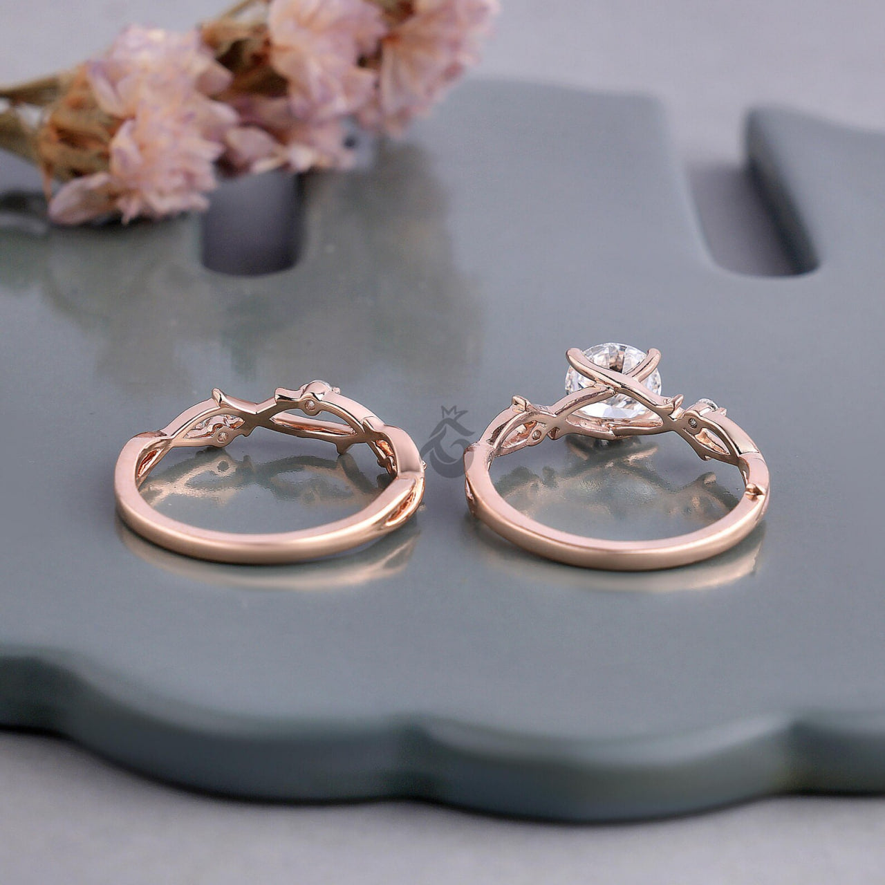 Round Diamond Vine Engagement Ring Set, Twisted Leaf Lab Diamond Bridal Ring