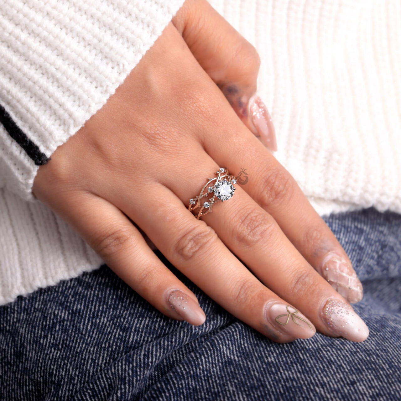 Round Diamond Vine Engagement Ring Set, Twisted Leaf Lab Diamond Bridal Ring
