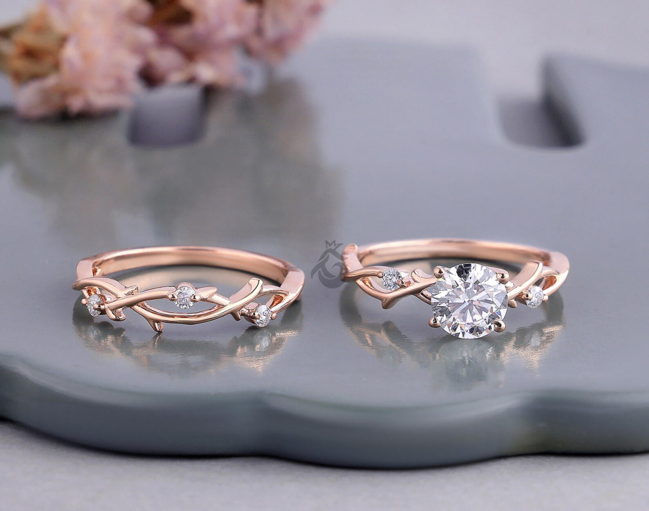 Round Diamond Vine Engagement Ring Set, Twisted Leaf Lab Diamond Bridal Ring