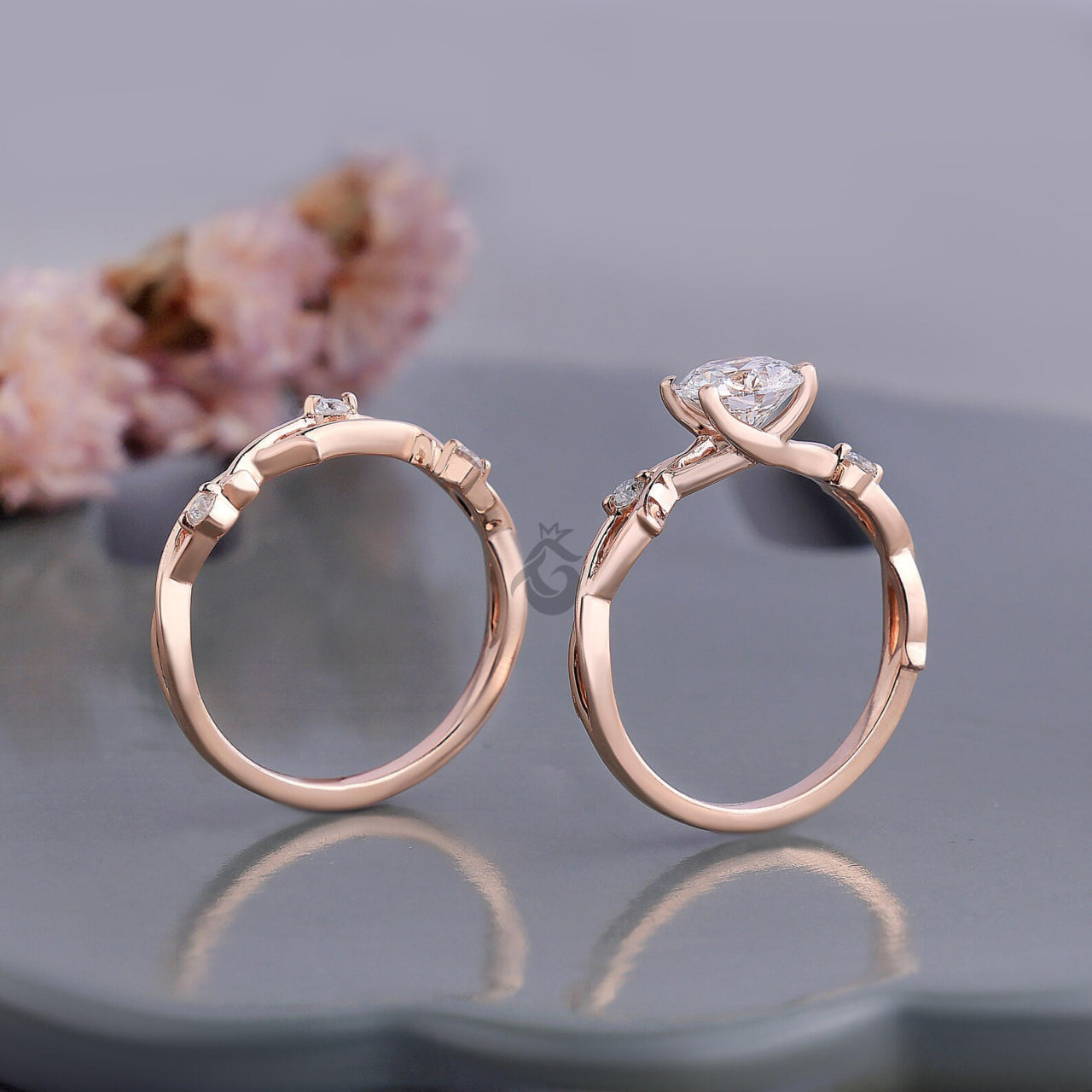 Round Diamond Vine Engagement Ring Set, Twisted Leaf Lab Diamond Bridal Ring
