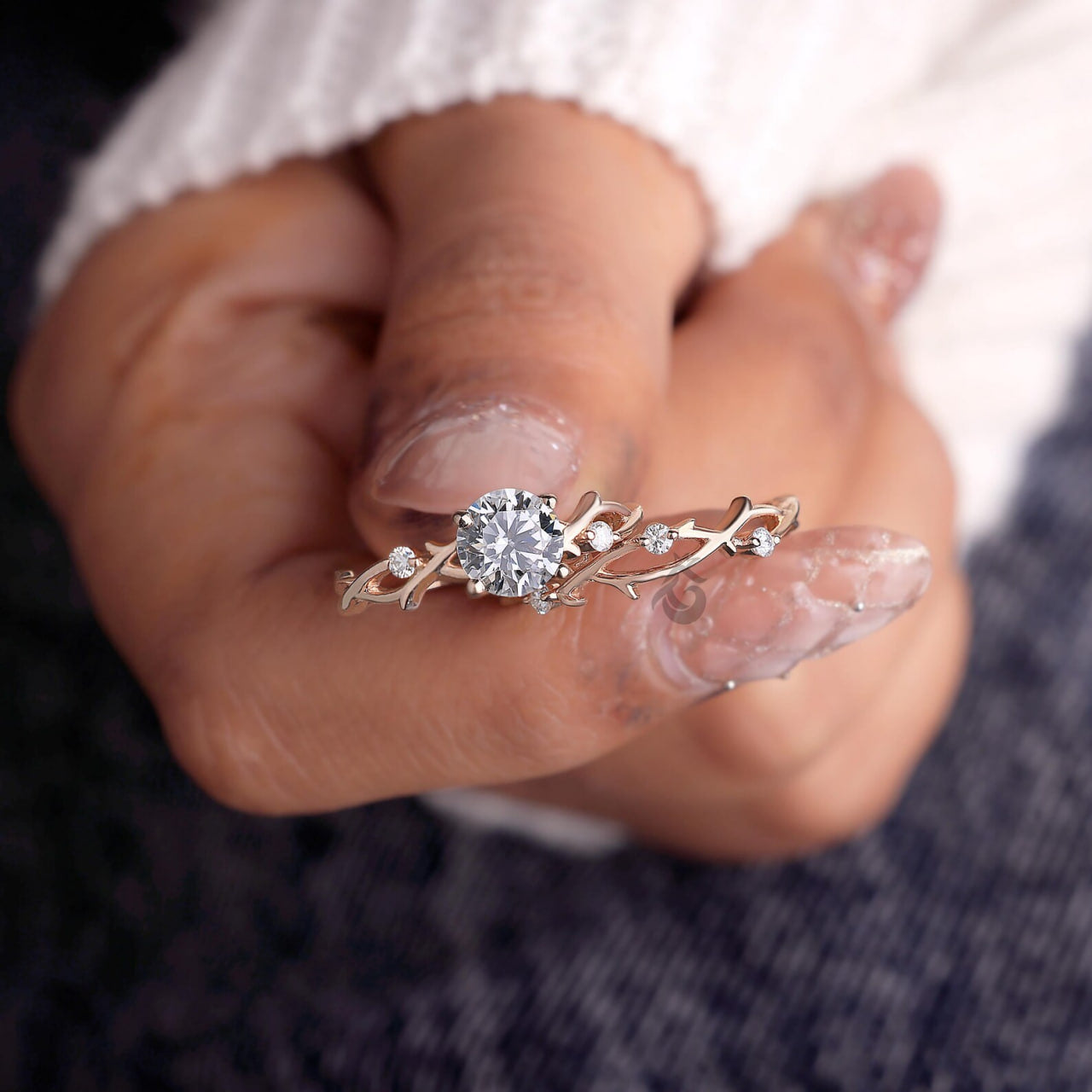 Round Diamond Vine Engagement Ring Set, Twisted Leaf Lab Diamond Bridal Ring