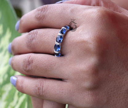 Oval Blue Sapphire Wedding Band – 14K Gold Round Halo Moissanite Stacking Ring
