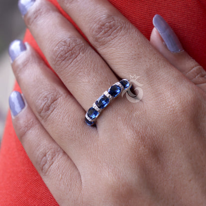 Oval Blue Sapphire Wedding Band – 14K Gold Round Halo Moissanite Stacking Ring
