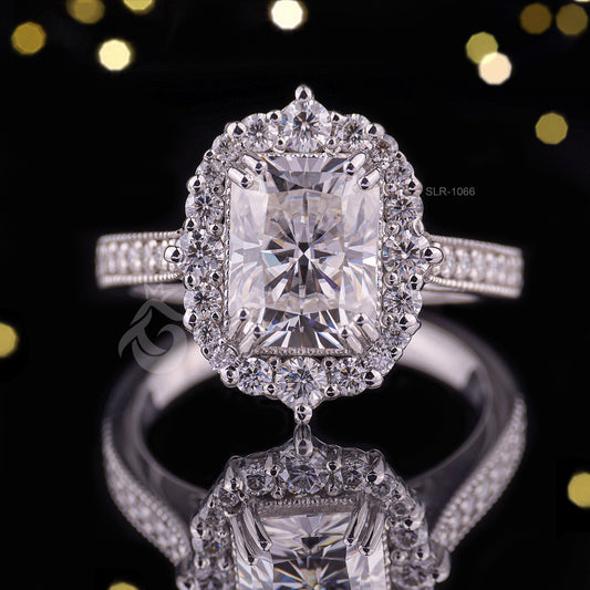 Antique 3.03CT Radiant Cut Moissanite Ring – Vintage Cluster Halo Engagement & Wedding Ring