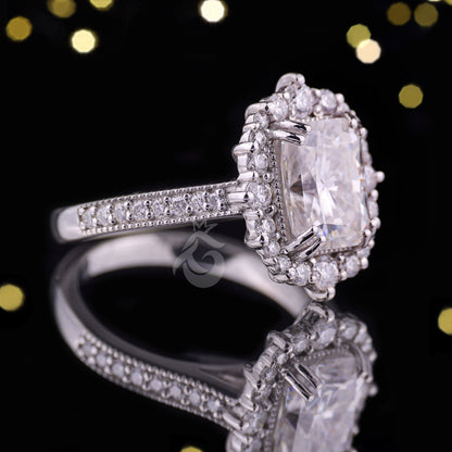 Antique 3.03CT Radiant Cut Moissanite Ring – Vintage Cluster Halo Engagement & Wedding Ring