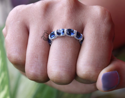 Oval Blue Sapphire Wedding Band – 14K Gold Round Halo Moissanite Stacking Ring