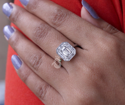 Emerald Cut Moissanite Engagement Ring – 10K White Gold Baguette Side Stone Halo Ring