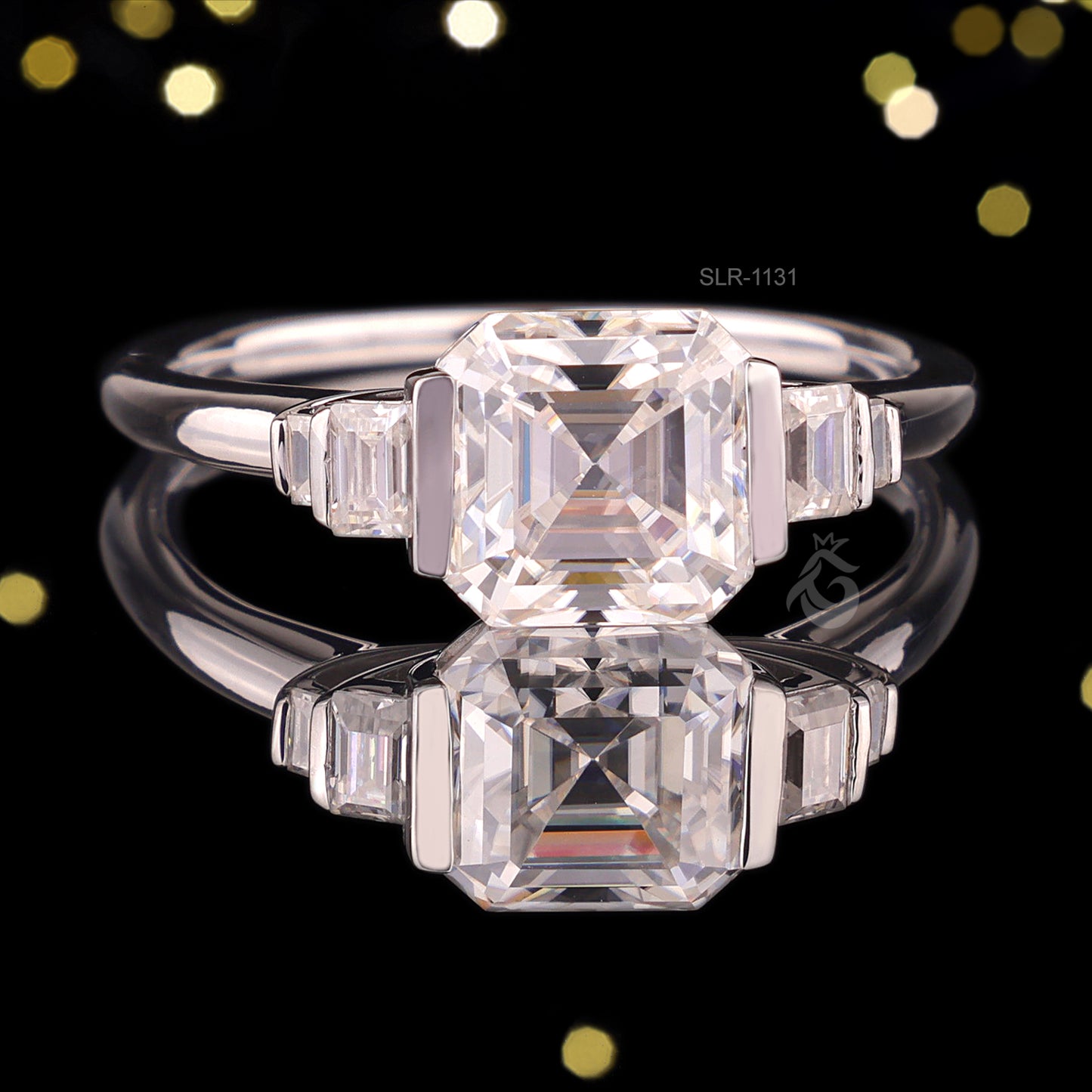 Celebrity Style Asscher & Baguette Moissanite Ring – Five-Stone Half Bezel Engagement & Wedding Ring