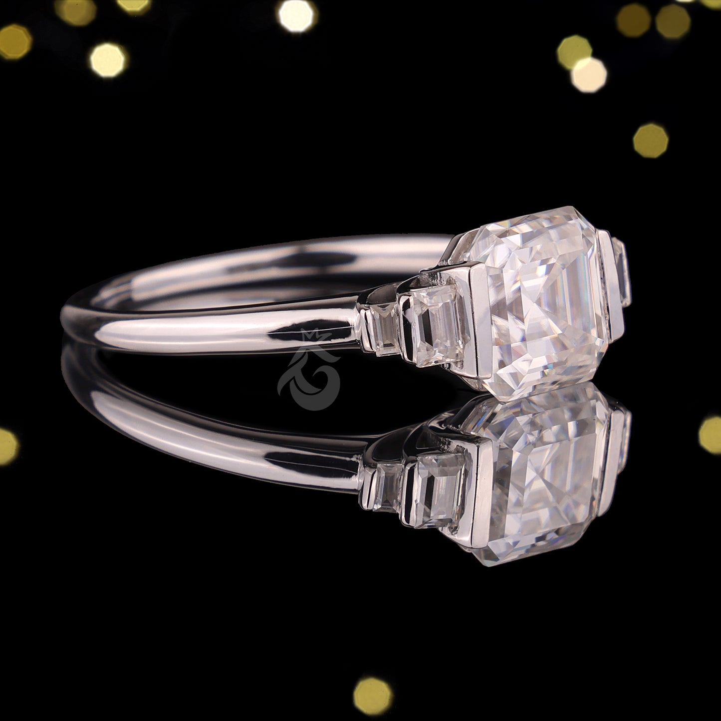 Celebrity Style Asscher & Baguette Moissanite Ring – Five-Stone Half Bezel Engagement & Wedding Ring