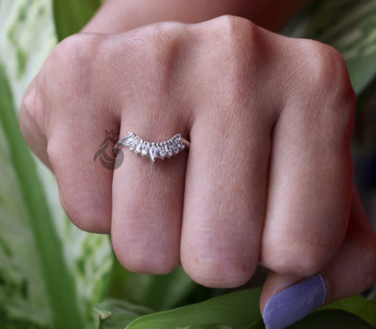 Curved 0.26 TCW Round & Marquise Moissanite Wedding Band – Half Eternity Stacking Ring