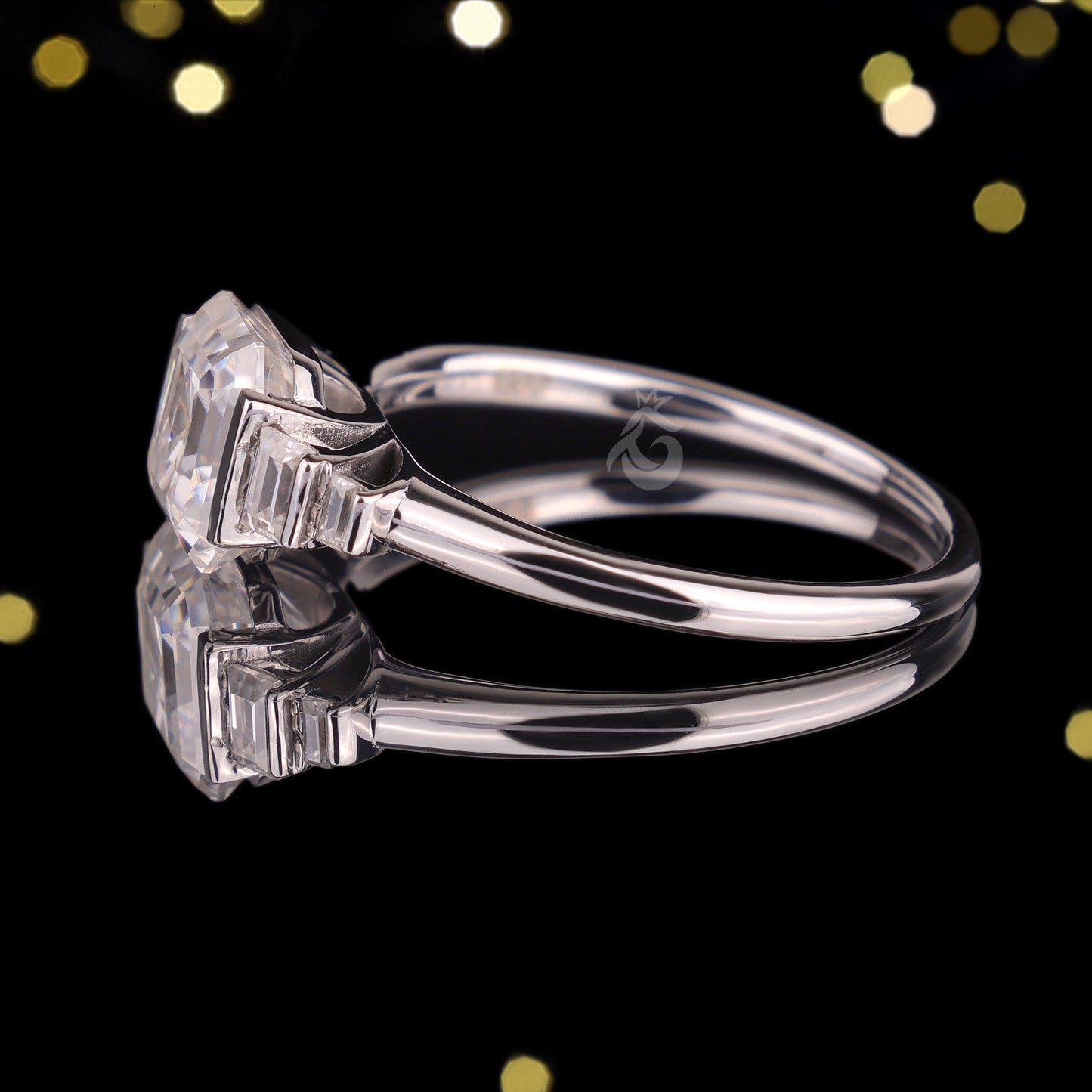 Celebrity Style Asscher & Baguette Moissanite Ring – Five-Stone Half Bezel Engagement & Wedding Ring