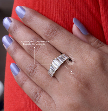Minimal Baguette Wedding Band, Simple Half Eternity Moissanite Ring, Stackable Matching Band, Anniversary Gift
